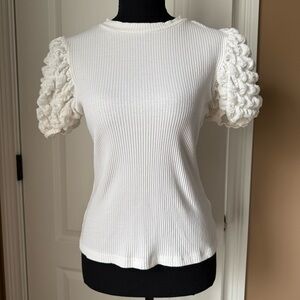 SHEIN White Ribbed Puff Sleeve Floral Top Size L